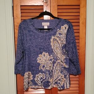 Alfred Dunner Navy and Cream Paisley Long Sleeve Top